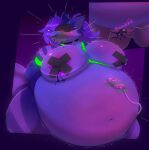 2026 absurd_res anthro bdsm belly big_belly big_breasts blindfold blue_body blue_fur blue_hair blueberry_inflation blush bodily_fluids body_inflation bondage bound breasts collar colored digital_media_(artwork) ear_piercing english_text female fur genitals glowing hair hi_res huge_belly huge_breasts hybrid hyper hyper_belly hyper_inflation immobile inflation leaking motion_lines navel nipple_tape nude onomatopoeia pasties piercing restraints rope rope_bondage sex_toy simple_background solo sound_effects striped_body stripes swatchfodder swelling tail tape text thick_thighs vibrator vulva