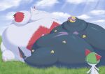 2025 absurd_res anthro belly big_belly blue_sky fur generation_3_pokemon grass green_hair group hair hi_res huge_belly hyper nintendo obese obese_anthro outside overweight overweight_anthro plant pokemon pokemon_(species) ralts seviper shweetmagnet sky trio white_body white_fur zangoose