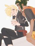  ! 2boys bag black_hoodie black_shirt blonde_hair blush dark-skinned_male dark_skin ear_piercing fua1heyvot4ifsr gladion_(pokemon) green_eyes green_hair hair_over_one_eye hau_(pokemon) highres hood hoodie looking_at_another malasada male_focus multiple_boys open_mouth orange_bag pants piercing pokemon pokemon_sun_and_moon ponytail red_bag shirt short_hair shorts simple_background sitting torn_clothes torn_pants upper_body white_background yellow_shorts 
