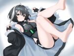  1girl absurdres arknights bare_legs bare_shoulders barefoot black_coat black_eyes black_gloves black_hair black_shirt black_shorts breasts coat commentary feet fingerless_gloves fur-trimmed_sleeves fur_trim gloves grey_coat hair_intakes hair_ornament hairclip highres knees_together_feet_apart la_pluma_(arknights) legs llewellyn_blue long_sleeves looking_at_viewer parted_lips shirt short_hair shorts sleeveless sleeveless_shirt soles solo toenails toes two-sided_coat two-sided_fabric 