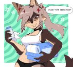 abdl ageplay anthro baby_powder big_breasts black_clothing black_panties black_underwear bottle breasts canid canine choker clothed clothing container diaper diaper_package eyewear female fennec_fox fox glasses hair hi_res holding_bottle holding_container holding_object infantilism jewelry mammal mirelle_(obedientmirelle) napkin necklace obedientmirelle panties piercing pink_hair ponytail regression roleplay solo speech_bubble true_fox underwear wearing_diaper