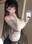  1girl absurdres bare_shoulders belt black_hair black_halo black_pants blue_archive blunt_bangs blush breasts bright_pupils cellphone closed_mouth hair_behind_ear hair_ornament hairclip halo hand_on_own_face heart highres holding holding_phone large_breasts long_hair long_sleeves looking_at_viewer millennium_science_school_logo multicolored_halo nail_polish off-shoulder_shirt off_shoulder pants phone red_eyes red_halo ringed_eyes rio_(blue_archive) shirt simple_background sleeves_past_wrists smartphone solo soysalmon two-tone_halo very_long_hair white_pupils white_shirt 