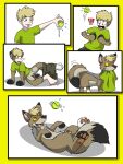2014 3:4 3_fingers 3_toes 4_fingers after_transformation ball biped_to_quadruped black_tail_tip blonde_hair blue_eyes bodily_fluids canid canine canis cheek_tuft clothed clothed_human clothed_male clothing colored comic coyote daww digital_drawing_(artwork) digital_media_(artwork) dipstick_tail drop_shadow exclamation_point facial_tuft feet feral feral_transformation fingers fluffy fluffy_tail fox0808 fur green_clothing green_eyes green_shirt green_topwear growth hair happy hi_res hindpaw holding_clothing holding_object human human_to_feral imminent_transformation looking_at_object looking_at_self lying male male_feral male_human mammal markings mid_transformation motion_lines mouth_hold multicolored_body multicolored_fur object_in_mouth on_back open_mouth open_smile pawpads paws playful quadruped saliva sequence shaded shadow shirt simple_shading smile snout snout_growth solo species_transformation standing surprised tail tail_growth tail_markings tail_motion tennis_ball toes tongue tongue_out topwear transformation transformation_by_item transformation_sequence tuft yellow_sclera