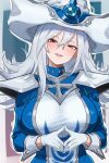  1girl absurdres bamboo_tac blue_dress blue_gem blush breasts brown_eyes dress duel_monster gem gloves grey_hair hat highres large_breasts long_hair long_sleeves looking_at_viewer open_mouth silent_magician silver_trim smile solo tabard taut_clothes taut_dress white_gloves white_hat white_tabard witch witch_hat yu-gi-oh! 