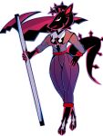 alpha_channel angry anthro barefoot black_body breasts canid canine canis clothing demon exposed_breasts feet female hellpup_fenn hi_res jackal looking_at_viewer mammal markings melee_weapon nightflaid_(retrospecter) polearm robe scythe solo spikes spikes_(anatomy) weapon