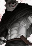  1boy abs absurdres animal_ears bara black_cloak chinese_commentary claws cloak commentary_request death_(puss_in_boots) fangs furry furry_male glowing glowing_eyes grey_fur highres holding holding_scythe looking_at_viewer male_focus miceoao muscular muscular_male navel open_mouth puss_in_boots:_the_last_wish red_eyes scythe shrek_(series) smile watermark weibo_username weibo_watermark wolf_boy wolf_ears 