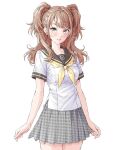  1girl absurdres black_sailor_collar brown_eyes brown_hair commentary_request cowboy_shot earrings grey_skirt highres jewelry kujikawa_rise long_hair looking_at_viewer momo_oddeye neckerchief parted_lips persona persona_4 pleated_skirt sailor_collar school_uniform serafuku shirt simple_background skirt solo twintails white_background white_shirt yellow_neckerchief 