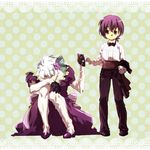  1girl bad_id bad_pixiv_id boots child dress fate/zero fate_(series) formal genderswap gloves matou_kariya matou_sakura ponytail purple_hair scr.e short_hair short_ponytail suit white_hair younger 