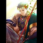  blue_hair earrings fate/stay_night fate_(series) gae_bolg jewelry lancer long_hair male_focus pauldrons pillarboxed ponytail red_eyes robe san_moto solo 