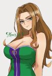  1girl artist_name breasts brown_eyes brown_hair cleavage closed_mouth collarbone commentary dress english_commentary evergreen_(fairy_tail) fairy_tail glasses green_dress highres large_breasts long_hair looking_at_viewer moonstosky simple_background smile solo 