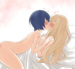  2girls blonde_hair blue_hair blush closed_eyes commentary_request completely_nude french_kiss hand_on_another's_shoulder heart highres kiss kurosawa_karura multiple_girls nude original short_hair straddling under_covers yellow_eyes yuri 
