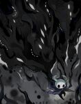  1other black_eyes black_skin blank_eyes cloak colored_skin darkness extra_eyes full_body glowing glowing_eyes grey_cloak highres holding holding_weapon hollow_eyes hollow_knight horned_mask horns knight_(hollow_knight) looking_down mask miikrowelle nail_(hollow_knight) void_entity_(hollow_knight) weapon white_eyes white_mask 