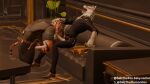 16:9 3d_(artwork) anthro blender_(artwork) canid canine canis clothing digital_media_(artwork) duo epic_games facial_markings felid fellatio fletcher_kane footwear fortnite furniture genitals gold_(metal) hand_on_head hand_on_penis head_markings hi_res knife male male/male mammal markings masturbation moan open_mouth oral oscar_(fortnite) pantherine penile penis sebthedemonfox sex shirt shoes sitting sofa spreading striped_body stripes table tiger topwear widescreen wolf