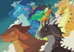 2023 ambiguous_gender clay_(wof) dragon european_mythology facial_horn feral frill_(anatomy) gills glory_(wof) group horn long_neck markings membrane_(anatomy) membranous_frill mudwing_(wof) mythological_creature mythological_scalie mythology nightwing_(wof) nose_horn nose_spike orthrus_(artist) rainwing_(wof) sandwing_(wof) scales scalie seawing_(wof) snout spikes spikes_(anatomy) starflight_(wof) sunny_(wof) tongue tongue_out tsunami_(wof) western_dragon wings_of_fire