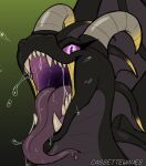 ambiguous_gender black_body bodily_fluids cassettewaves dragon female feral headshot_portrait hi_res horn imminent_vore long_tongue mouth_shot mythological_creature mythological_scalie mythology open_mouth portrait saliva saliva_string saniki_(antagonish) scalie solo teeth throat tongue tongue_out wings