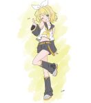  1girl aqua_eyes belt black_leg_warmers black_sailor_collar black_shorts black_sleeves blonde_hair bow breasts character_name commentary_request detached_sleeves finger_heart full_body hair_bow hair_ornament hairclip heart highres hina_onnanoko kagamine_rin leg_warmers looking_at_viewer midriff navel neckerchief one_eye_closed open_mouth orange_nails parallel_hairclips sailor_collar shirt shoes short_hair shorts sleeveless sleeveless_shirt small_breasts smile standing standing_on_one_leg treble_clef vocaloid white_bow white_shirt white_shoes yellow_belt yellow_neckerchief yellow_trim 