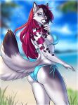 2024 2_tails 5_fingers alpha_channel anthro arm_tattoo artist_name back-tie_bikini bent_arm bikini bikini_only black_body black_fur black_markings black_nose black_tail_tip blue_bikini blue_clothing blue_eyes blue_swimwear blurred_background border breasts canid canine chin_piercing claws clothing dated day digital_media_(artwork) dipstick_tail ear_piercing ear_ring eyebrow_piercing eyebrows eyelashes facial_markings facial_piercing female female_anthro finger_claws fingers fox fur fur_markings gold_piercing grey_body grey_fur grey_outline hair head_markings head_turned hi_res humanoid_hands kitsunewaffles-chan long_hair looking_at_viewer mammal markings multi_tail nose_piercing nose_ring open_mouth outline outside piercing pinup pointy_ears portrait pose prick_ears purple_hair ring_piercing septum_piercing side-tie_bikini solo sparkles string_bikini stud_piercing swimwear tail tail_markings tattoo text three-quarter_portrait transparent_border tropical two-piece_swimsuit white_body white_fur