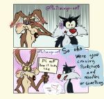anthro blush canid canine canis chest_tuft comic coyote dialogue domestic_cat duo embarrassed eyes_closed felid feline felis hi_res looney_tunes male mammal platimingo-art shocked sign sylvester_(looney_tunes) tuft warner_brothers wile_e._coyote