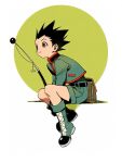  1boy bag belt black_belt black_hair black_shirt boots brown_bag brown_eyes chubsbunny2026 closed_mouth collared_jacket commentary_request fishing_rod gon_freecss green_boots green_jacket green_shorts highres holding holding_fishing_rod hunter_x_hunter invisible_chair jacket knee_boots lace-up_boots long_sleeves male_focus red_trim shirt short_sideburns shorts sideburns sitting smile solo spiked_hair white_background widow's_peak yellow_circle 