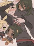  2boys ahoge bag black_hoodie black_shirt blonde_hair blush character_doll closed_eyes commentary_request dark-skinned_male dark_skin doll ear_piercing fua1heyvot4ifsr gladion_(pokemon) green_eyes green_hair grey_background grey_eyes grin hair_down hair_over_one_eye hau_(pokemon) highres hood hoodie implied_yaoi lying male_focus multiple_boys on_back piercing pokemon pokemon_sun_and_moon red_bag shirt short_hair simple_background smile upper_body 