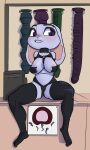 2026 3:5 anthro bdsm_outfit blush clothed clothing dildo disney european_rabbit female glistening glistening_body grey_body hi_res huge_dildo judy_hopps lagomorph leporid looking_at_viewer mammal nipple_tape oryctolagus partially_clothed_anthro partially_clothed_female pasties purple_eyes rabbit sex_toy sitting skimpy snachsugar solo spread_legs spreading tape zootopia