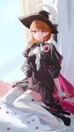  1girl alternate_costume arknights ascot between_legs black_capelet black_dress blush boots breasts brown_eyes brown_hair cape capelet closed_mouth commentary_request curtains dress earrings fingerless_gloves frilled_thighhighs frills gloves hat hat_feather high_heels highres jewelry konchi_(63438789) looking_at_viewer medium_breasts medium_hair official_alternate_costume persona persona_3 persona_3_reload petals puffy_sleeves short_hair signature sitting smile solo takeba_yukari takeba_yukari_(in_vigil_of_dawn_and_dusk) thighhighs white_ascot white_gloves white_thighhighs yokozuwari 