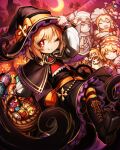  >_< 4girls alice_margatroid alternate_costume ascot basket black_boots black_capelet black_hat black_skirt blonde_hair boots bow braid candy capelet closed_mouth commentary_request crescent_moon flandre_scarlet food frilled_hairband frills ghost_costume hairband halloween halloween_costume hat hat_bow highres jack-o'-lantern kirisame_marisa lace-up_boots lollipop looking_at_viewer moon multiple_girls mushroom_hat_ornament one_eye_closed open_mouth orange_bow orange_scarf patchouli_knowledge purple_eyes purple_hair red_ascot red_bow red_eyes red_hairband remilia_scarlet rumia scarf shanghai_doll side_braid single_braid skin_seams skirt smile solo_focus spark621 swirl_lollipop touhou witch_hat 