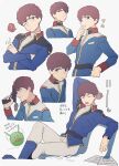  1boy absurdres amuro_ray belt bishounen black_belt blue_boots blue_eyes blue_jacket boots brown_hair char's_counterattack closed_eyes collar collared_jacket collared_shirt commentary_request crossed_arms curly_hair feet_out_of_frame gun gundam hand_on_own_hip hand_to_own_mouth handgun haro highres holding holding_gun holding_weapon jacket long_sleeves looking_at_viewer male_focus military military_uniform mobile_suit_gundam multiple_views nervous_sweating oh_syz one_eye_closed open_mouth pants pants_tucked_in paper partially_unzipped red_collar shirt short_hair sitting speech_bubble sweat upper_body weapon white_background white_pants white_shirt worried yellow_trim 