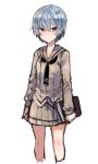  1girl ayanami_rei bad_id bad_tumblr_id black_neckwear blue_hair blush book brown_sailor_collar brown_shirt brown_skirt closed_mouth hair_between_eyes holding holding_book ikeuchi_tanuma long_sleeves looking_at_viewer necktie neon_genesis_evangelion_gakuen_datenroku pink_eyes sailor_collar school_uniform serafuku shirt short_hair simple_background sketch skirt solo white_background 