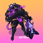 1:1 2026 absurd_res anthro big_breasts big_bulge black_clothing black_hair black_latex black_skinsuit breasts bulge clothing duo female_(lore) gas_mask generation_5_pokemon gynomorph hair hi_res huge_breasts intersex kneeling latex latex_clothing latex_skinsuit liquid_latex lock_bulge lock_symbol male mask nintendo null_bulge pink_gas pink_sclera pokemon pokemon_(species) purple_body rem_phase reptile scalie scolipede skinsuit snake tight_clothing vera_(rem_phase) wearing_mask