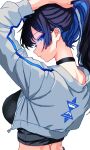  1girl black_choker black_hair black_shirt blue_eyes blue_hair breasts choker climuriri colored_inner_hair commentary crop_top cropped_jacket english_commentary from_behind highres hololive hololive_english jacket large_breasts looking_at_viewer looking_back multicolored_hair ouro_kronii ponytail shirt sidelocks simple_background solo tying_hair virtual_youtuber white_background white_jacket 