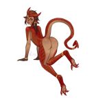 all_fours animal_humanoid anthro butt claws clothing dragon female footwear gold_(metal) gold_jewelry hi_res high_heels horn humanoid humanoid_face jewelry mythological_creature mythological_scalie mythology paws red_body red_skin risa_mau scalie shoes solo tail
