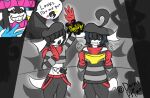 anthro belly_mouth bodily_fluids bottomwear bulge cal_bonat_(dorkusprimearts) clothing covered_eyes crop_top cropped_sweater crowd detailed_bulge dorkusprimearts female forked_tongue genital_outline gloves grin group hair hair_over_eye hair_over_eyes handwear hat headgear headwear hi_res holding_bottomwear holding_clothing holding_object inza_prinza_(dorkusprimearts) kerchief male mime nervous nervous_sweat onomatopoeia penis_outline shirt sibling_(lore) smile so'fex_(dorkusprimearts) sound_effects speech_bubble standing sweat sweatdrop text tongue topwear twins_(lore) unusual_anatomy yorma