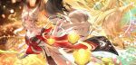  1girl absurdres animal_ear_fluff animal_ears arm_up bare_shoulders black_dress breasts chest_tattoo chinese_commentary cleavage closed_mouth colored_eyelashes commentary_request dress fingernails forehead_tattoo fox_ears fox_girl fox_tail highres hsin_(illumining_form)_(wuthering_waves) hsin_(wuthering_waves) large_breasts long_fingernails long_hair looking_at_viewer multiple_views nail_polish orange_eyes red_nails sagi_0116 smile split_theme tail tattoo white_eyelashes white_hair wuthering_waves yellow_eyes 
