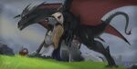 abdominal_bulge ambiguous_penetration anthro anthro_on_feral anthro_penetrated belk1n belly bestiality bodily_fluids breasts castle clothed clothing cum cum_inside dragon duo ejaculation equid equine fantasy female female_on_feral feral feral_penetrating feral_penetrating_anthro field genital_fluids grey_body grey_sky hi_res horse male male/female male_on_anthro mammal mythological_creature mythological_scalie mythology penetration rock scalie sex size_difference sky