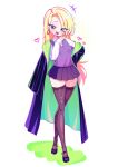  1girl absurdres blonde_hair breasts brown_thighhighs cloak commentary_request crossed_legs earrings genderswap genderswap_(mtf) green_eyes green_necktie harry_potter_(series) head_tilt highres hood hooded_cloak hoop_earrings hyeonin_gentora jewelry korean_commentary light_blush long_bangs long_hair long_sleeves looking_at_viewer malfoid miniskirt necktie open_mouth parted_bangs pleated_skirt purple_shoes purple_vest robe school_uniform shirt shoes simple_background skirt small_breasts smile smug solo thighhighs two-sided_fabric two-sided_robe two-tone_robe vest watson_cross white_background white_shirt wizarding_world zettai_ryouiki 