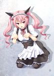  akiha_rumiho fang kneeling long_hair maid_headdress miyai_sen pantyhose paw_pose pink_eyes pink_hair solo steins;gate twintails 