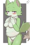 2:3 absurd_res anthro belly black_nose blush breasts canid canine canis dipstick_tail featureless_breasts featureless_crotch female female_anthro fur green_body green_fur half-closed_eyes hi_res looking_at_viewer majideyabe87679 mammal markings narrowed_eyes navel open_mouth pink_eyes slightly_chubby slightly_chubby_anthro slightly_chubby_female solo species_request standing tail tail_markings white_body white_fur white_inner_ear white_tail_tip wolf