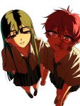  2girls alien_stage black_hair glasses hair_between_eyes highres juewang_de_hu_bi long_hair looking_at_viewer mizi_(alien_stage) mizi_(zombie_stage) multiple_girls necktie pink_hair purple_eyes school_uniform short_hair simple_background skirt smile standing sua_(alien_stage) sua_(zombie_stage) white_background yellow_eyes zombie_stage 