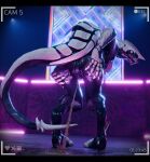 3d_(artwork) 5_fingers absurd_res anthro arena bent_over black_bars black_body blender_(artwork) blue_eyes bodily_fluids butt camera_view claws digital_media_(artwork) digitigrade exoskeleton female female_peeing fingers genital_fluids genitals hand_on_butt hi_res khanivore letterbox looking_at_viewer love_death_+_robots monster netflix peeing peeing_on_ground potatotime presenting presenting_hindquarters recording scalie sharp_teeth solo standing tail teeth urine urine_on_ground urine_pool vulva watermark watersports white_body white_exoskeleton