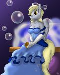  absurd_res anthro anthrofied blonde_hair blue breasts bubble bubbles cleavage clothed clothing collinscorpio derpy_hooves_(mlp) dress ear_piercing equine female food friendship_is_magic hair hi_res horse jewelry mammal muffin my_little_pony necklace orange_eyes pegasus piercing pony sitting solo wings 