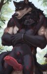  1boy 1girl animal_ears animal_penis arms_up black_fur black_hair blue_eyes brown_hair commentary dog_penis einar_(personal_ami) english_commentary flat_chest furry furry_female furry_male furry_with_furry futa_with_male futanari grey_fur highres knotted_penis long_hair looking_at_another multicolored_hair navel nipples nude original outdoors penis penis_size_difference personal_ami precum red_eyes tail testicles two-tone_hair uncensored variant_set veins veiny_penis wolf_boy wolf_ears wolf_girl wolf_tail 
