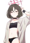  1girl bandeau bikini bikini_under_clothes black_bandeau black_bikini black_choker blue_archive brown_eyes brown_hair brown_shirt choker commentary cowboy_shot fuyuka_natsuki halo hand_up highres looking_at_viewer misaki_(blue_archive) misaki_(swimsuit)_(blue_archive) navel official_alternate_costume pinstripe_pattern pinstripe_shirt red_halo shirt short_hair simple_background solo stomach striped_clothes striped_shirt swimsuit vertical-striped_clothes vertical-striped_shirt white_background 