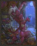 anthro arm_tuft balcony blue_eyes border butt clothed clothing cloud cushion detailed detailed_background elbow_tuft fangs felid feline femboy fur gem group hair hi_res holding_object inside jewelry kneeling lion looking_at_viewer looking_back male mammal moon moonshen mostly_nude multicolored_body necklace pantherine pawpads pink_body psychedelic raised_arm sea skimpy sky solo_focus star tail teeth tuft two_tone_body water white_hair
