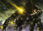  artist_request battle beam_rifle energy_gun firing flying gun gundam gundam_wing highres leo_(mobile_suit) mecha mountain muzzle_flash no_humans oldschool science_fiction weapon 