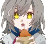  +_+ 1girl artist_name assault_lily commentary drooling food grey_hair hair_between_eyes hands_up herensuge_girls_academy_school_uniform highres holding holding_food jacket looking_at_food lower_teeth_only multicolored_hair open_mouth portrait saliva sasaki_ran school_uniform shiro_(xflxfj5201314) simple_background solo streaked_hair taiyaki teeth untranslatable_commentary wagashi white_background white_jacket white_streaks yellow_eyes 