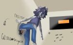 anthro blue_bottomwear blue_clothing blue_eyes blue_pants bodily_fluids bottomwear clothed clothing denim denim_bottomwear denim_clothing diamond_(marking) disembodied_penis english_text felid female fur fur_markings genitals glory_hole graffiti graffiti_on_wall grey_body grey_fur hair heart_symbol hi_res jeans male male/female mammal markings meme meme_clothing nocternalthing pantherine pants penis purple_clothing purple_hair purple_sweater purple_topwear snow_leopard standing sweater tally_marks text topwear torn_clothing virgin_killer_sweater western_tally_marks