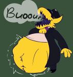 a_hat_in_time abdominal_bulge accessory ambiguous_gender ambiguous_prey belly belly_on_ground belly_overhang belly_tuft big_belly bodily_fluids bottomwear burping clothing digestion footwear hand_on_chest hat headgear headwear hi_res humanoid inkvore male male/ambiguous male_pred navel necktie open_mouth pants saliva shoes shortstack size_difference smaller_pred standing suit the_conductor_(ahit) tuft unbuttoned vore