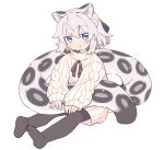 1girl :3 animal_ears black_pantyhose blue_eyes blush brown_ribbon closed_mouth dot_nose double-parted_bangs full_body hair_between_eyes long_sleeves looking_at_viewer neck_ribbon no_shoes original pantyhose ribbed_sweater ribbon short_hair simple_background sitting sleeves_past_wrists smile snow_leopard_ears snow_leopard_girl snow_leopard_tail solo suzuno_(suzuno3110) sweater tail white_background white_hair white_sweater 