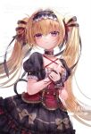  1girl black_dress black_ribbon blonde_hair bow brown_bow collarbone commentary cowboy_shot dress floating_hair frilled_dress frilled_hairband frills hair_between_eyes hair_intakes hair_ribbon hairband highres lilio long_hair mia_(shiniyuku_kimi_yakata_ni_mebuku_zouo) parted_lips purple_eyes ribbon shiniyuku_kimi_yakata_ni_mebuku_zouo short_sleeves square_neckline too_many_watermarks watermark white_background 